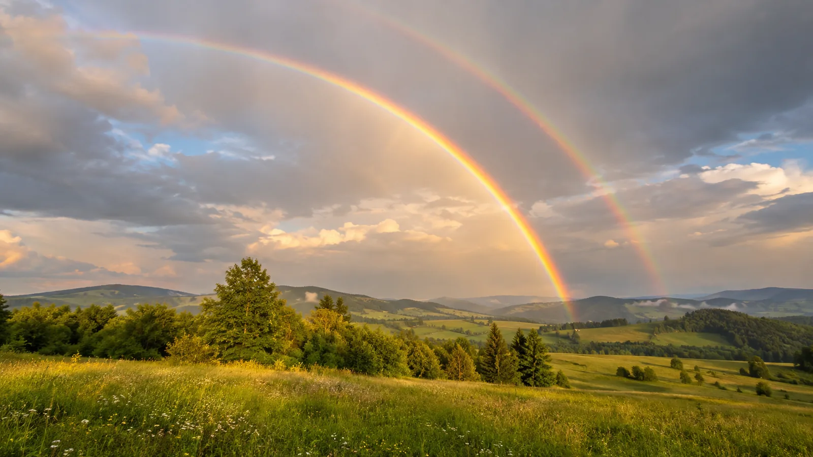 Dvojitá duha nad krajinou
